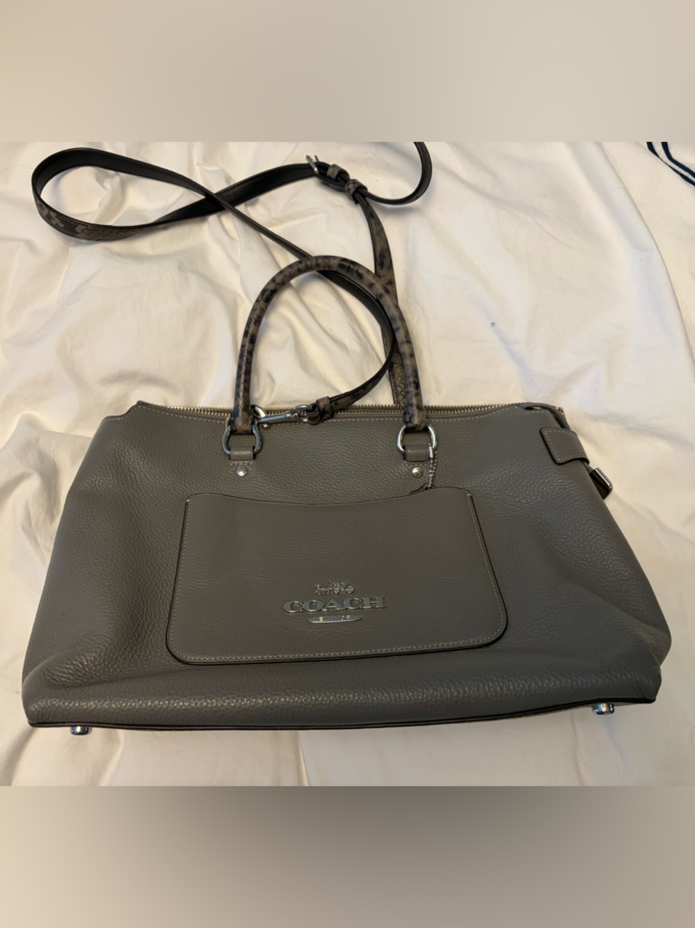 Coach Gray Pebbled Leather Satchel with Patterned Straps